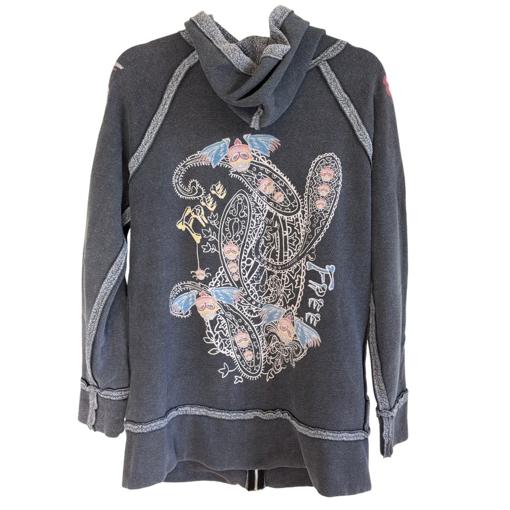 2B Free Vintage Y2K Tattoo Graphic Long Zip Hoodie Made USA Skull Grunge Small